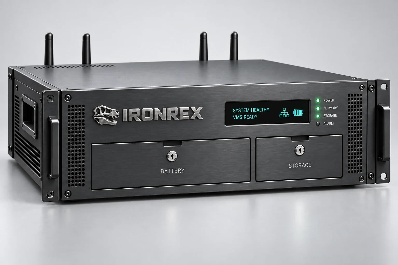Front concept view showing IRONREX branding, locked battery and storage access, handles and system status display