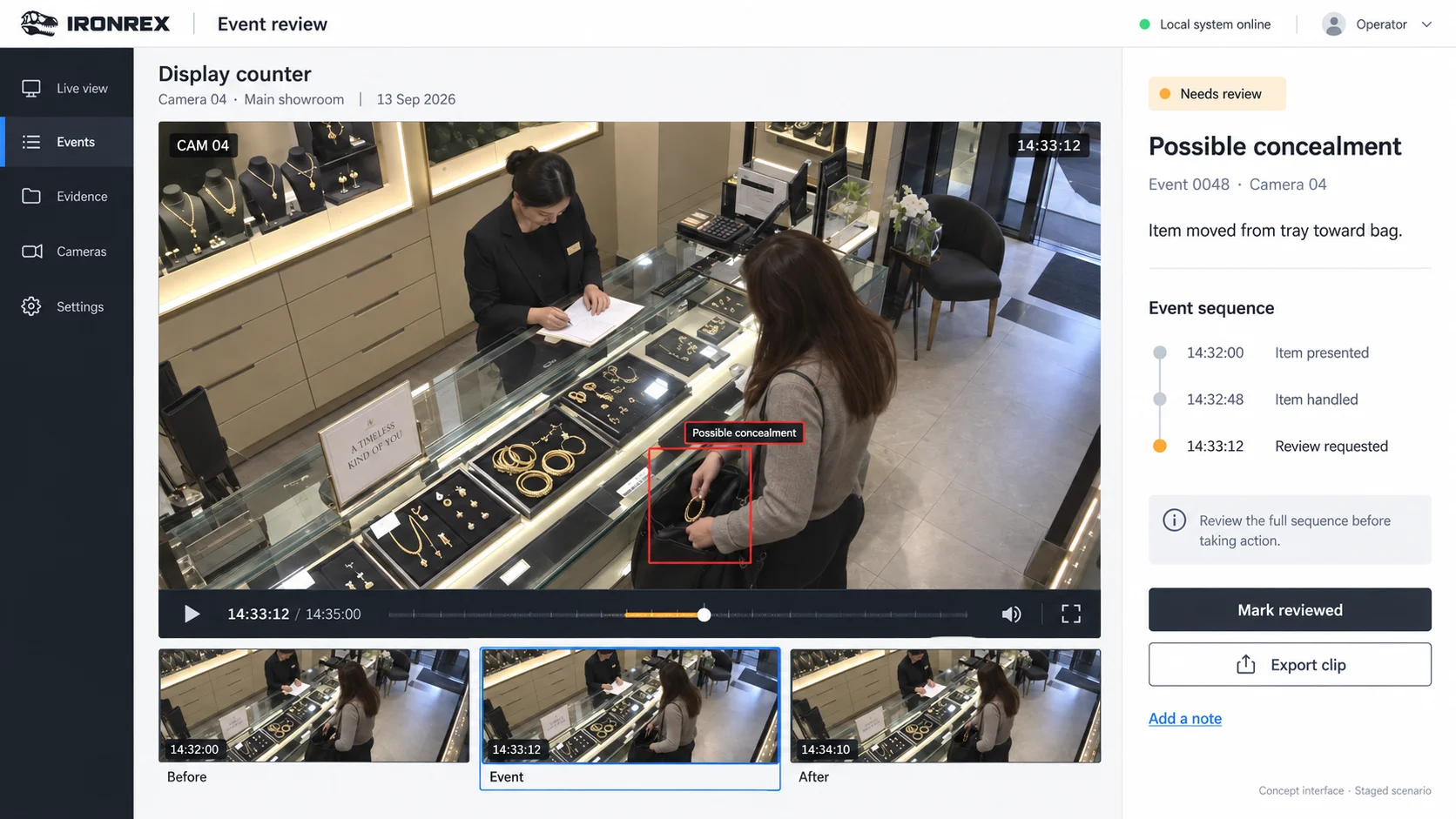 IRONREX interface concept showing a staged jewellery-store event, highlighted item movement, supporting footage and a staff review panel